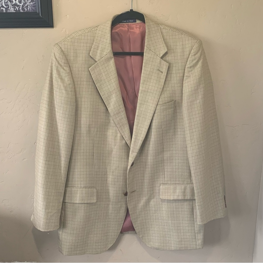 Men’s Alan Flusser Houndstooth Silk & Worsted Wool Beige Blazer 42 R Sport Coat